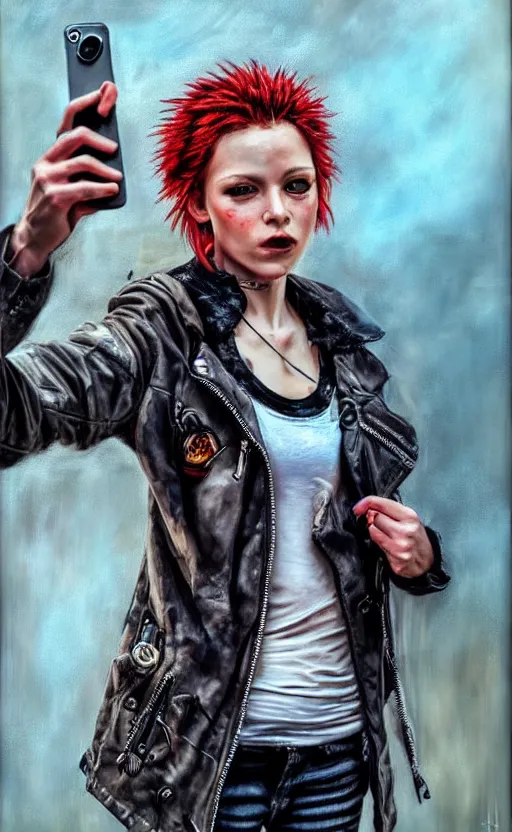 Image similar to cute punk rock girl making selfie, mad max jacket, renaissance, cables on her body, hyper realistic style, oil painting, fantasy by Olga Fedorova