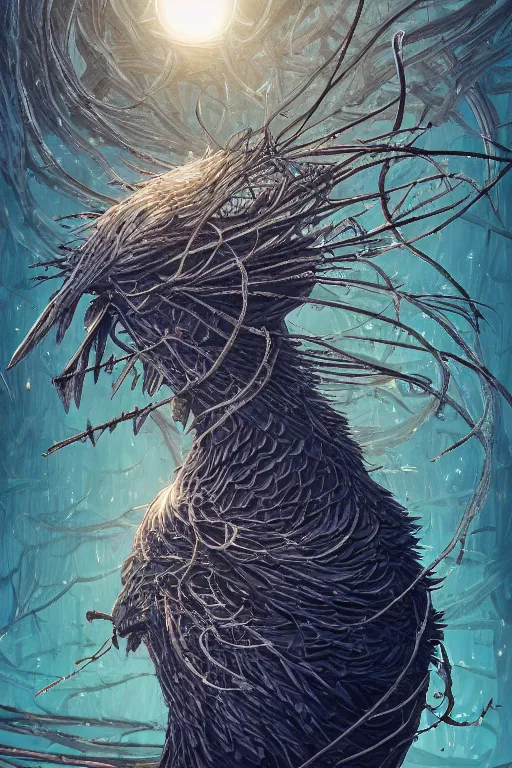 Image similar to black crows, nest on human head, open mouth, cruelty, pain, light effect, hyper detailed, intricate, elegant, highly detailed, digital painting, artstation, concept art, matte, sharp focus, illustration, by dan mumford, yusuke murata, makoto shinkai, ross tran