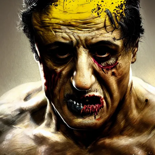 Prompt: sylvester stallone as a flesh eating zombie with cuts on face and yellow teeth, 7 days to die zombie, fine art, award winning, intricate, elegant, sharp focus, cinematic lighting, highly detailed, digital painting, 8 k concept art, art by guweiz and z. w. gu, masterpiece, trending on artstation, 8 k