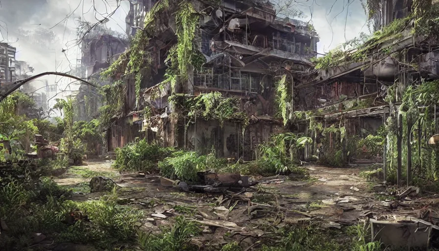 Prompt: Abandoned Building Overgrown by beautiful plants, Dystopian Slum, Hyperrealism, Hyperdetailed, Intricate Details, Anamorphic Lens, Cinematic Lighting, Volumetric Lights, Raytracing Reflections, Unreal Engine 5