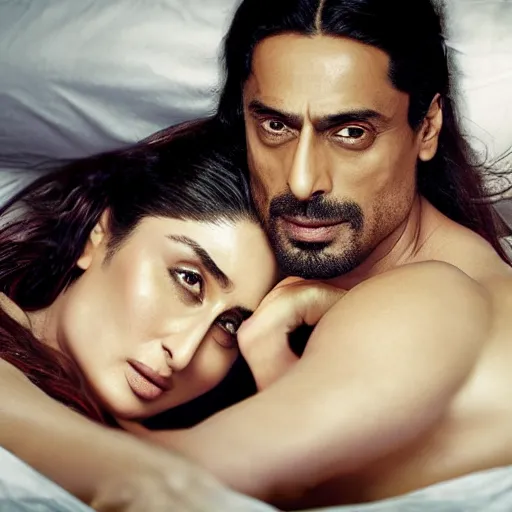 Image similar to kareena kapoor with arjun rampal in the bed, au naturel, hyper detailed, digital art, trending in artstation, cinematic lighting, studio quality, smooth render, unreal engine 5 rendered, octane rendered, art style by klimt and nixeu and ian sprigger and wlop and krenz cushart.