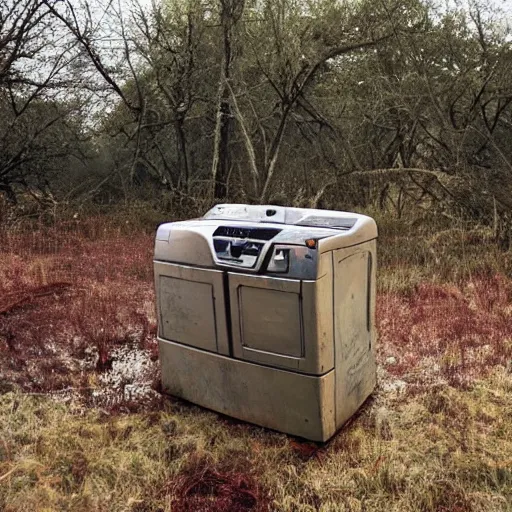 Prompt: in a dried out field, rusted washing machine, burning washing machine