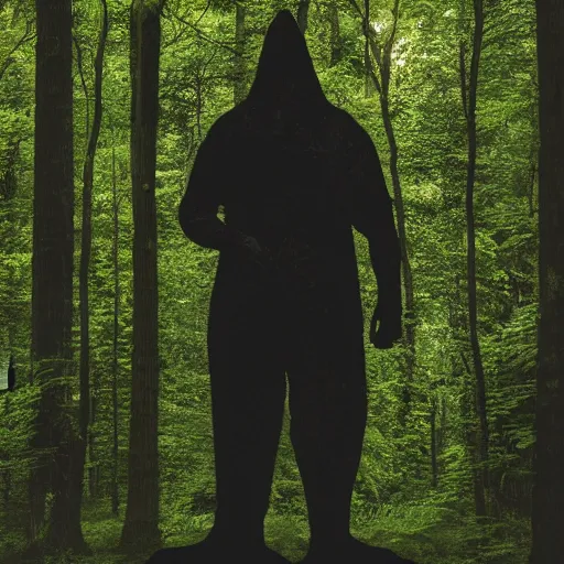 Prompt: an ominous figure standing hidden in the forest