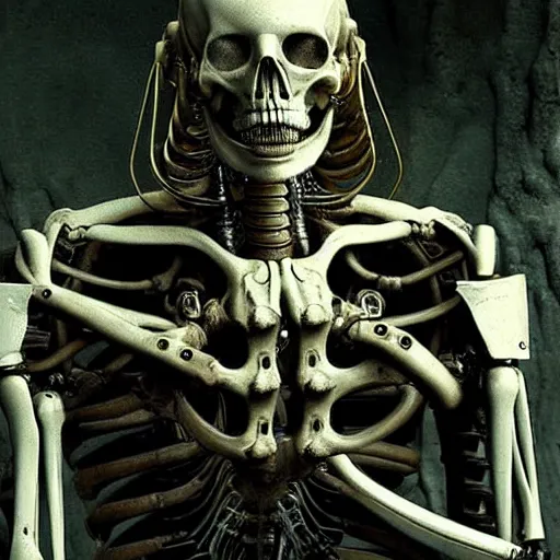 Prompt: biomechanical bone cyborg still frame from Prometheus movie by giger by Malczewski, undead king knight