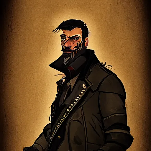 Image similar to old charismatic mechanic, dishonored art style