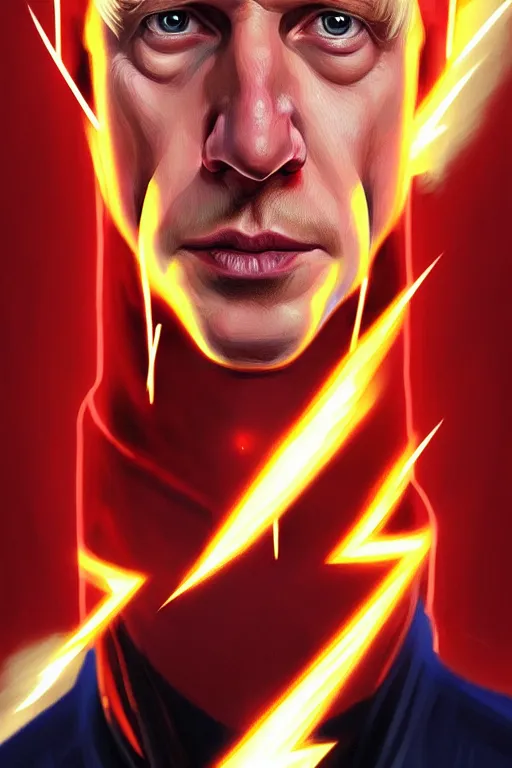 Image similar to Boris Johnson as Flash by Zack Snyder, realistic portrait, symmetrical, highly detailed, digital painting, artstation, concept art, smooth, sharp focus, illustration, cinematic lighting, art by artgerm and greg rutkowski and alphonse mucha