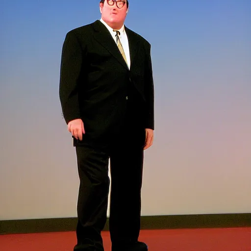 Prompt: 2 0 0 5 john lasseter of pixar is wearing a black suit and necktie. he is standing on one leg and looking down at the sole of his shoe.