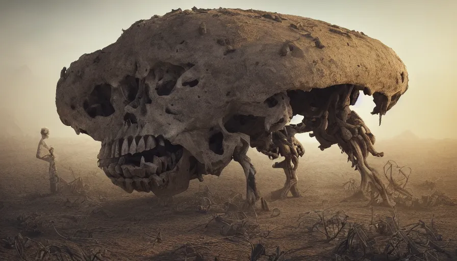 Image similar to a vast wasteland, 1 colossal skull half covered in dust and sand, overgrown with plants, dried leaves, cinematic lighting, trending on artstation, national geographic photography, digital painting, elaborate matte painting