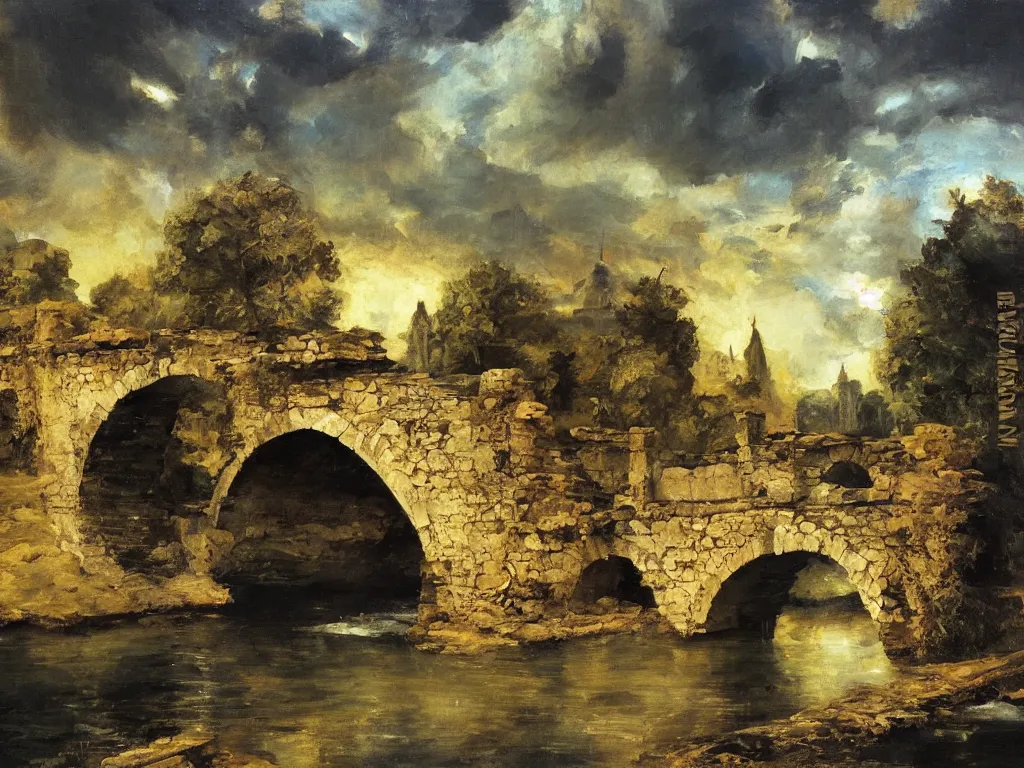 1950s castle bridge . muted colors.))))) by, Stable Diffusion