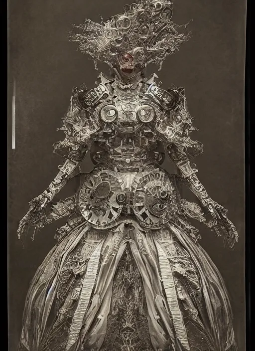 Image similar to old wetplate daguerreotype frame portrait of a futuristic silver armored geisha emperor district 9 cyborg, fractal, intricate, elegant, highly detailed, subsurface scattering, by jheronimus bosch and greg rutkowski and louis jacques mande daguerre