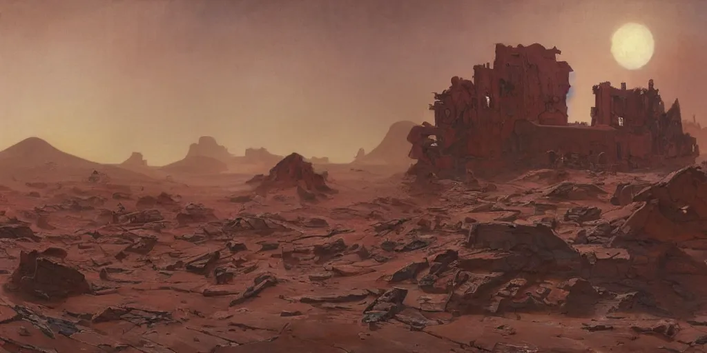 Image similar to ruins of an acient art deco civilization on mars, red desert, painted by ruan jia, raymond swanland, lawrence alma tadema, zdzislaw beksinski, norman rockwell, jack kirby, tom lovell, alex malveda, greg staples