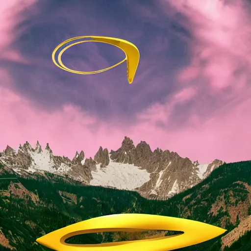 Image similar to a yellow spaceship shaped like an infinity symbol flying over a pink mountain range