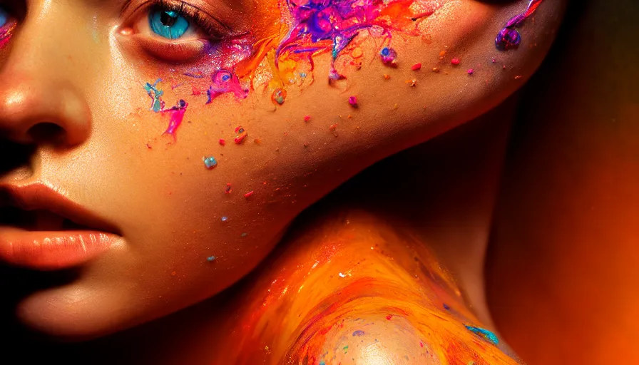 Image similar to very beautiful woman, face submerged in colorful oils, brown skin, realism, extreme detail, real life, key art, soft light, volumetric light, 3 - d shadows, photo by james jean and wlop, photoshoot