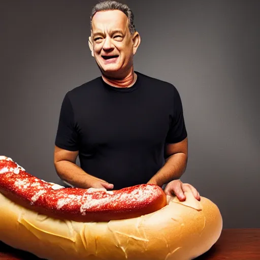 Prompt: tom hanks emerging from a giant hot dog, food photography, 8 5 mm f 1. 8