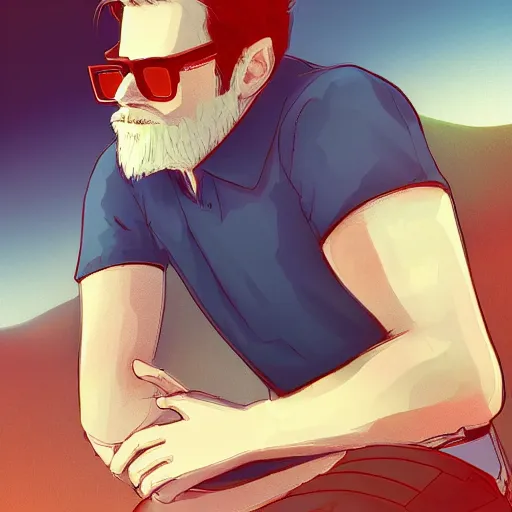 Prompt: Man in his 40s, dark blond and salt-and-pepper hair with a beard, thick dark glasses, blue eyes, wearing red stripe shirt jean and multicolor shoes, digital painting, 4k, anime key visual, artstation, kuvshinov ilya, galaxy landscape