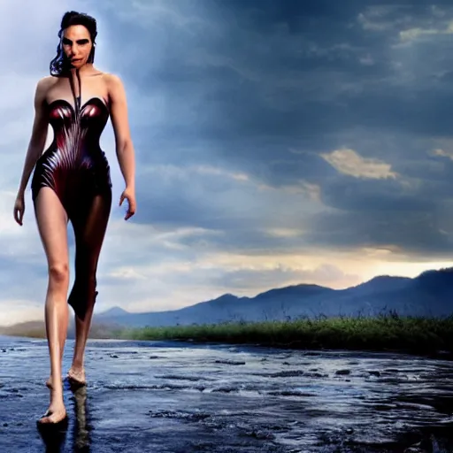 Prompt: Photo the beautiful woman Gal Gadot, she is posing, she is walking on a river, she is getting ulluminated by the rays of the sunset, the photo was taking by Steve McCurry, matte painting, oil painting, naturalism, 4k, 8k