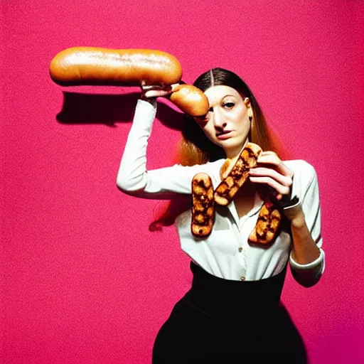 Prompt: a fashion model curls her hair using hot dogs. surreal photograph, toiletpaper magazine, 3 5 mm photograph, colourful, by pierpaolo ferrari, maurizio cattelan