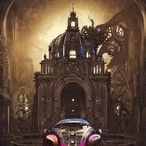 Prompt: biomechanical shiny steampunk bugatti chiron with (glowing) lights parked in ancient lush palace, gothic and baroque, brutalist architecture, ultradetailed, creepy ambiance, fog, artgerm, giger, Intricate by Ellen Jewett and Josan Gonzalez and Giuseppe Arcimboldo