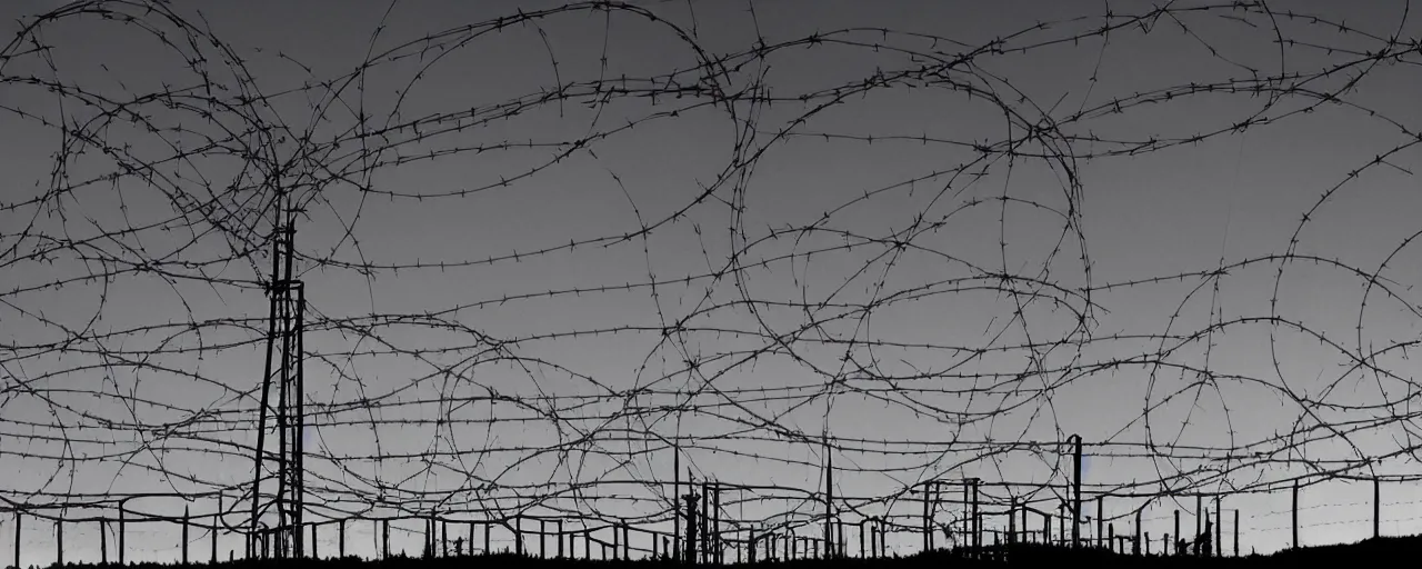 Prompt: military industrial complex, night, spotlights, watchtower, hangers, fences, barbed wire