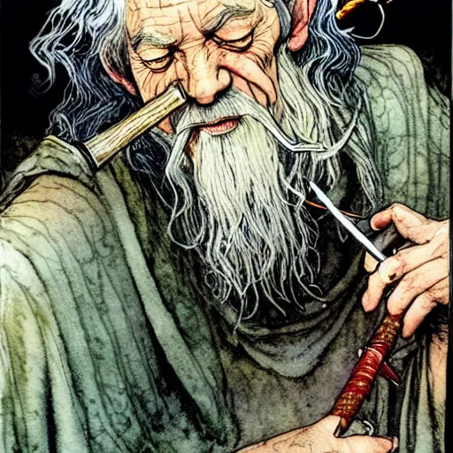 Image similar to a realistic and atmospheric watercolour fantasy character concept art portrait of gandalf with bloodshot eyes giggling and smoking weed out of his pipe by rebecca guay, michael kaluta, charles vess and jean moebius giraud