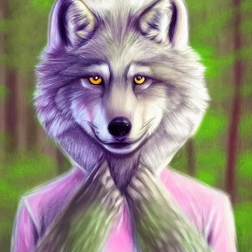 Prompt: Beautiful portrait drawing of an anthro anthropomorphic wolf wearing a cute pastel shirt, in Summer, at a forest. digital art