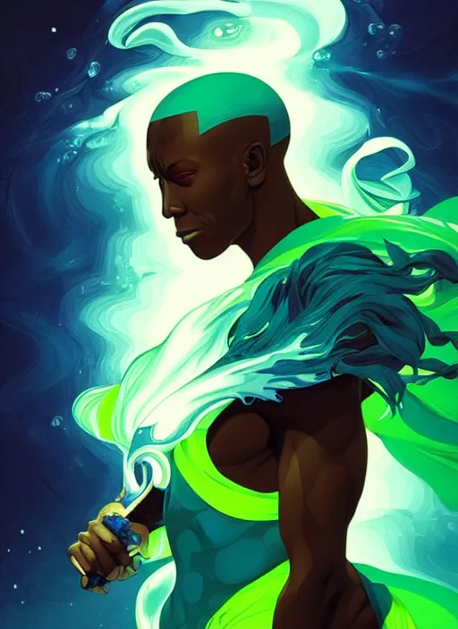 Image similar to style artgerm, joshua middleton, illustration, wesley snipes as a warrior monk wearing green pelt light armor, blue hair, swirling water cosmos, fantasy, dnd, cinematic lighting