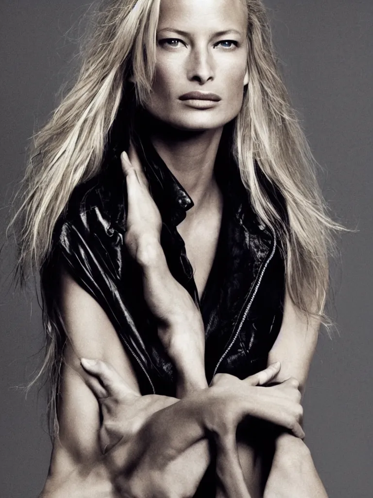 Prompt: photo by annie leibovitz of female fashion model carolyn murphy with symmetrical features and beautiful, flowing long blonde hair with a disdainful and arrogant expression and wearing a black leather jacket and black leather bra. elegant home living room interior. centre image, clean borders, symmetry ; photorealistic