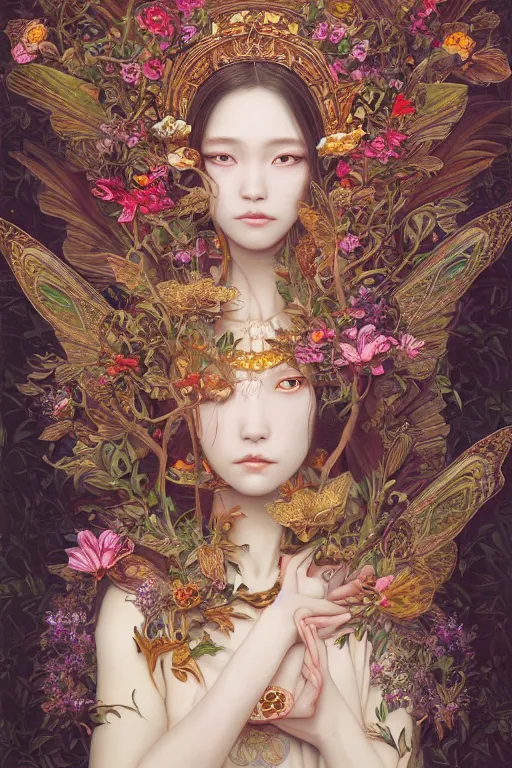 Prompt: breathtaking detailed concept art painting of the goddess of moth, orthodox saint, with anxious, piercing eyes, ornate background, amalgamation of leaves and flowers, by Hsiao-Ron Cheng, James jean, Miho Hirano, Hayao Miyazaki, extremely moody lighting, 8K