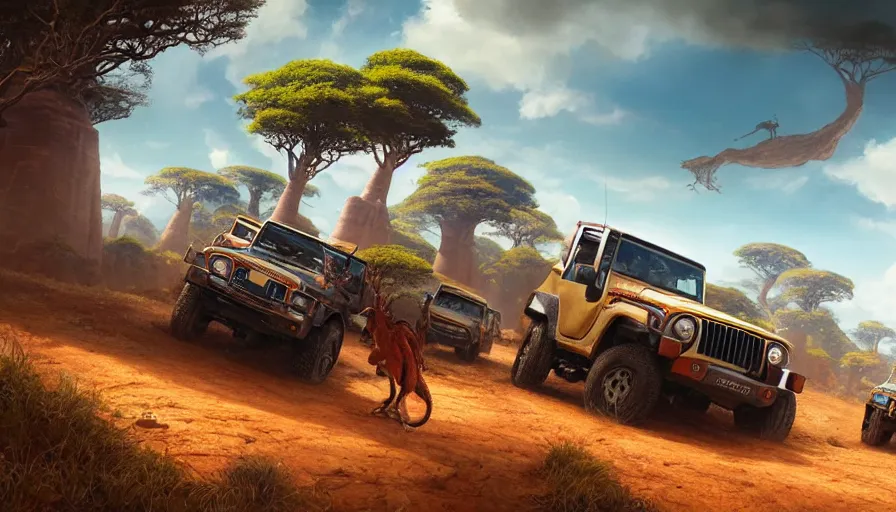 Prompt: mahindra thar driving through madagascar road with baobabs trees, animals running along, action scene, an epic fantasy, wide shot, artgerm, trending on artstation, masterpiece, by greg rutkowski, by ross tran, by fenghua zhong, octane, soft render, ultrarealistic, colorful, cinematic, horizon zero dawn