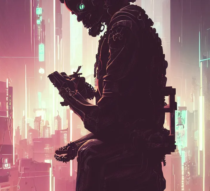 Image similar to cyberpunk neon skeleton jesus, noir, sharp focus, intricate, illustration, cell shaded, digital painting, highly detailed, matte, art by ilya kuvshinov, wlop, greg rutkowski, reflections, studio quality, james jean, artem demura