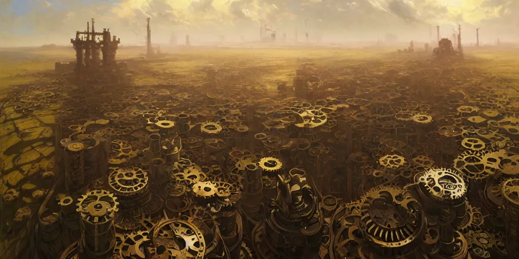 Prompt: giant interlocked gears cogs floating in the sky no people clockwork, giant mechanisms, industry, villages castles, buildings vista artstation illustration sharp focus sunlit vista painted by ruan jia raymond swanland lawrence alma tadema zdzislaw beksinski tom lovell alex malveda greg staples