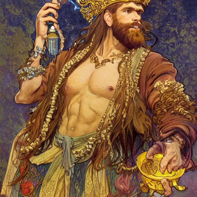 Image similar to an aesthetic! a detailed portrait of a man in a long beard, with a crown, holding a lantern with huge piles of gold in the background, ravens flying overhead by frank frazetta and alphonse mucha, oil on canvas, art nouveau dungeons and dragons fantasy art, hd, god rays, ray tracing, crisp contour lines, huhd