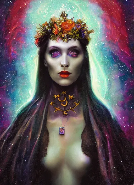 Image similar to tarot!!, pale, beautiful witch made of starlight and opals, jeweled choker, vivid colors, elegant, concept art, sharp focus, beautiful face!!, digital art, Hyper-realistic, 4K, Unreal Engine, Highly Detailed, Dramatic Lighting, Beautiful, by Brom, trending on Artstation, Tom Bagshaw, Sargent