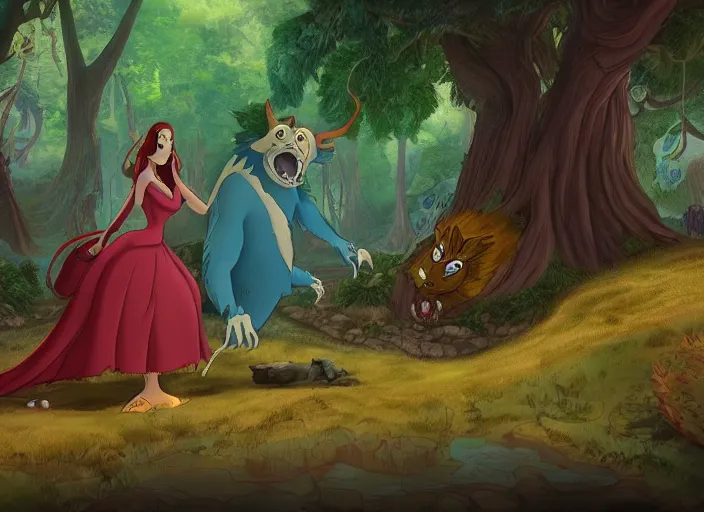 Image similar to digital art of monster and the beast in the magical forest 4k