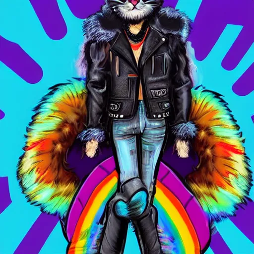 Image similar to wide angle full body, jacket wearing fluffy cute rainbow kitten wearing a black leather motorcycle jacket, concept art