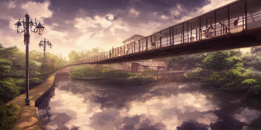 Image similar to a footbridge, cinematic angle, studio Ghibli, cinematic lighting, digital art, detailed oil painting, hyperrealistic, 8k