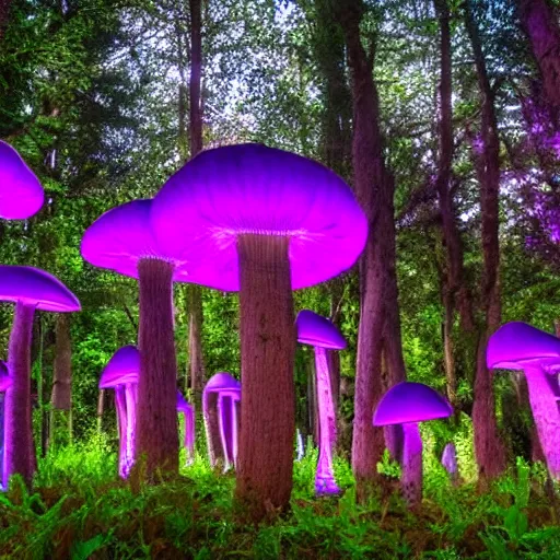 Prompt: purple psilocybin cubensis mushroom forest glowing black light purple