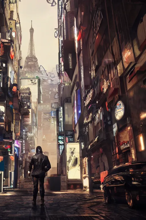 Image similar to in the foreground a Parisian street, in the background a dark-haired man from behind playing with swirls of energy coming out hands wearing a long matrix-style jacket, realistic, high definition, many details, dramatic scene, detailed hands and realistic, symmetrical face, realistic eyes, cyberpunk art 2077