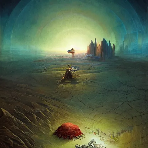 Image similar to A fresco painting of a nomadic wanderer traversing a corrupted futuristic crystal desert by Jacek Yurka, Kelly Freas, Filip Hodas, Paul Lehr, Dan Mumford, Max Ernst, Roger Dean, Caspar David Friedrich