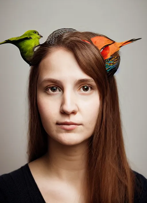 Prompt: portrait of a 2 3 year old woman, symmetrical face, bird on her head, she has the beautiful calm face of her mother, slightly smiling, ambient light