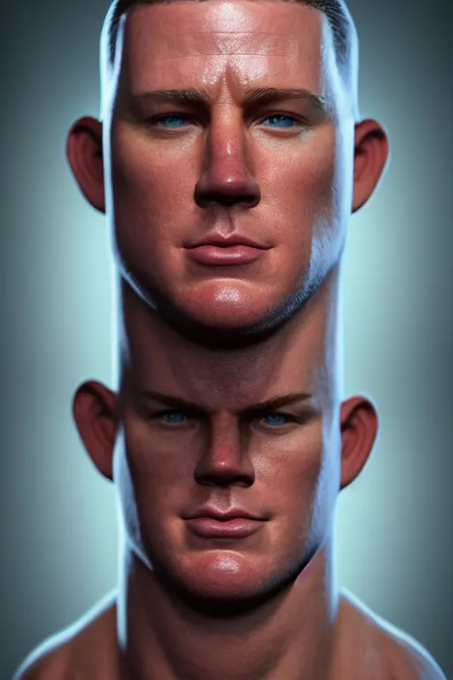 Image similar to a head shot of channing tatum as half human and a tater tot on a plate, tater tot face, ef 8 5 mm f 1. 8 usm, bionic scifi alexandre ferra, hyper detailed, digital art, trending in artstation, cinematic lighting, studio quality, smooth render, unreal engine 5 rendered, octane rendered