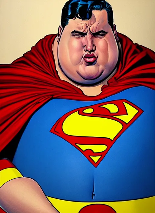 Image similar to Highly detailed painting of a mordidly obese superman with his belly hanging out, style of Joshua Middleton comic book art Nick Dragotta comic art, symmetrical face, symmetrical eyes, depressed sad expression, painterly style