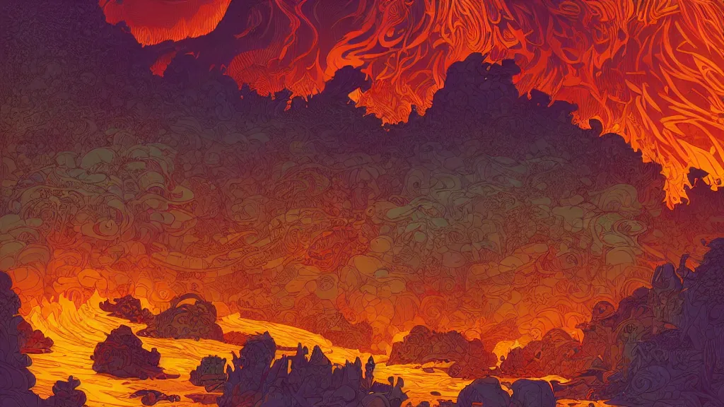 Image similar to highly detailed illustration of an amazing colorful fire in the middle of the night by kilian eng, moebius, nico delort, oliver vernon, joseph moncada, damon soule, manabu ikeda, kyle hotz, dan mumford, otomo, 4 k resolution