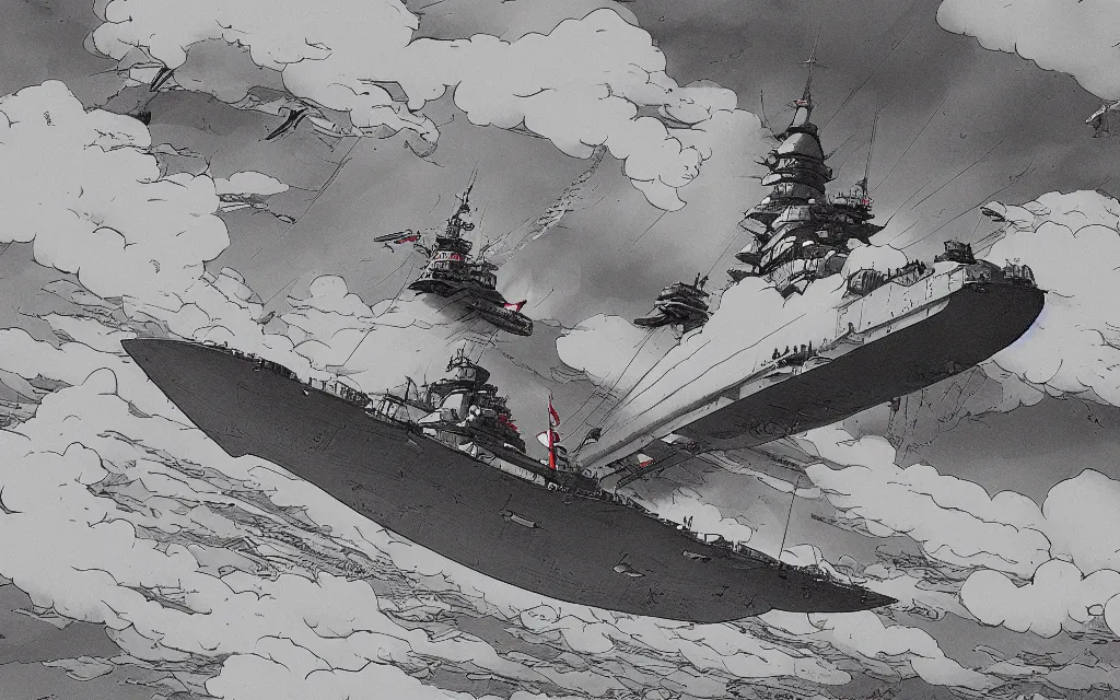 Image similar to japanese battleship yamato flying between the clouds, in the style of james jean and laurie greasley, dynamic composition, dramatic lighting, ultra detailed