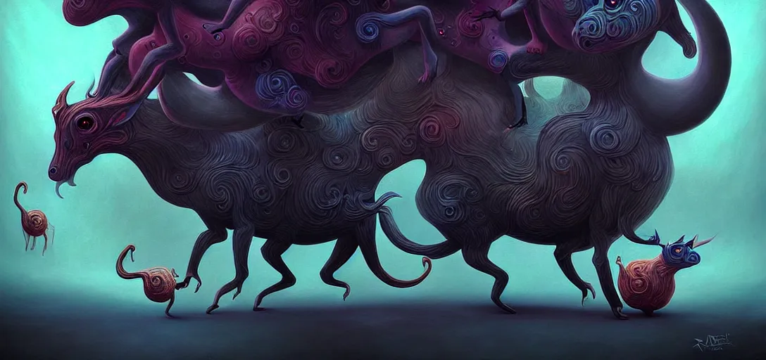 Image similar to strange mythical beasts of whimsy, surreal dark uncanny painting by ronny khalil