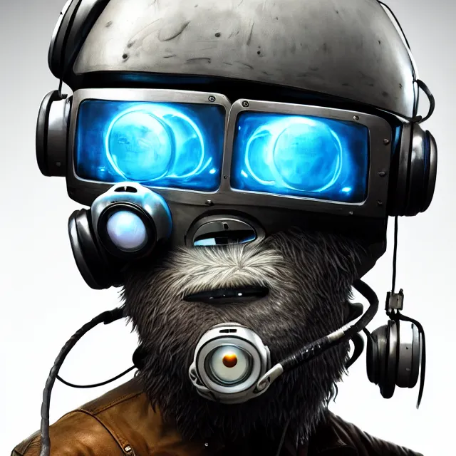 Prompt: a portrait of an anthropomorphic cyberpunk yeti in a motorcycle helmet, detailed render, tape deck, boombox, headphones, epic composition, cybernetics, 4 k realistic, cryengine, realistic shaded lighting, sharp focus, masterpiece, by matteo scalera, gary montalbano, peter elson in the style of the tokyo ghost comic