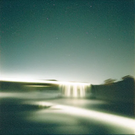 Image similar to long exposure night lansdscapes, 5 seconds shutter, Cinestill 800T