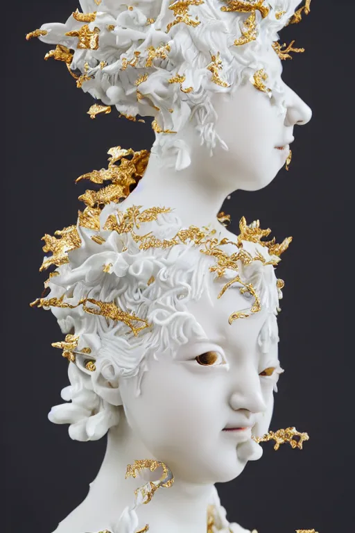 Prompt: full head and shoulders, beautiful female white, porcelain sculpture, with ornate willow china pattern, lots of ornate gold leaf 3 d japanese dragons attached to head by daniel arsham and james jean, on a white background, delicate facial features, white eyes, white lashes,