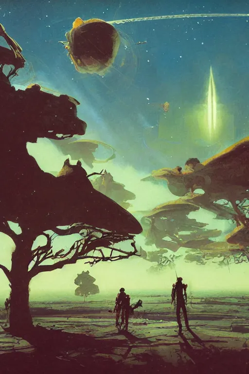 Prompt: 5 0 s pulp scifi illustration, space explorers in beautiful landscape, plain stretching into distance, pond, baobab trees, distant mountains, nebula, painted by bergey, craig mullins, john berkey, ruan jia, rodney matthews, jeremy mann, beksinski, jack kirby, tom lovell, alex malveda