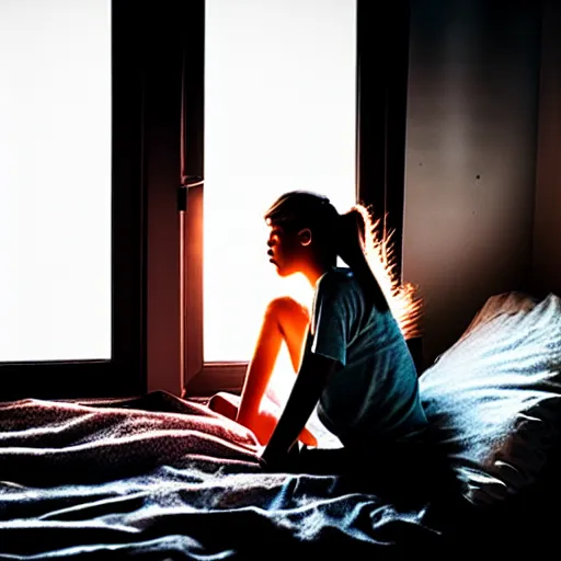 Image similar to teenage girl sitting at bedroom window staring down at her phone, a mushroom cloud outside lights the side of her face, intimate, dark, surreal photography
